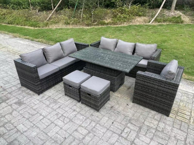 Fimous Wicker Pe Garden Furniture Rattan Sofa Set Outdoor Adjustable Rising Lifting Dining Table Set With 2 Stools