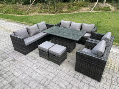 Fimous 10 Seater Wicker Pe Garden Furniture Rattan Sofa Set Outdoor Adjustable Rising Lifting Dining Table Set