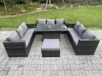 Fimous 10 Seater Rattan Garden Furniture Sofa Set Outdoor Adjustable Rising Lifting Dining Table Set With Big Footstool