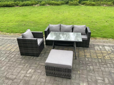 Fimous Rattan Outdoor Furniture Garden Dining Set With Oblong Dining Table Armchair Big Footstool Mixed Dark/Grey