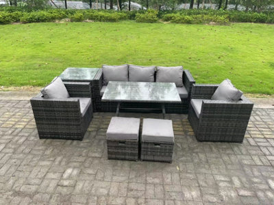 Fimous 7 Seater Rattan Outdoor Furniture Garden Dining Set With Lounge Sofa Dining Table 2 Armchairs Small Stools
