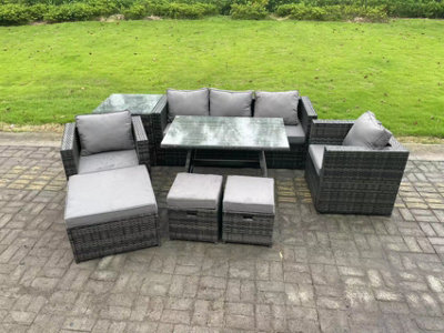 Fimous Rattan Outdoor Furniture Sofa Garden Dining Set With Dining Table 2 Armchairs Side Table 3 Stools 8 Seater