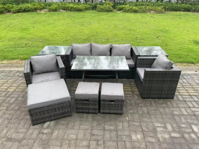 Fimous 8 Seater Rattan Outdoor Furniture Sofa Garden Dining Set With Dining Table Armchairs 2 Side Tables 3 Stools