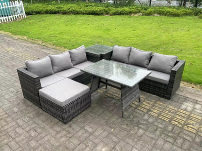 Fimous 7 Seater Rattan Garden Dining Set Outdoor Furniture Sofa With Dining Table Big Footstool Side Table