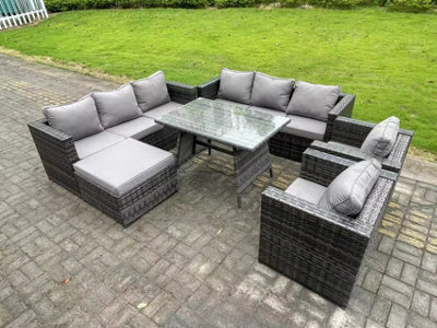 Fimous 8 Seater Rattan Outdoor Furniture Sofa Garden Dining Set With Patio Dining Table 2 Armchairs Big Footstools