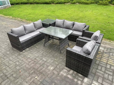 Fimous Rattan Outdoor Furniture Sofa Garden Dining Set With Patio Dining Table 2 Armchairs Side Table 8 Seater