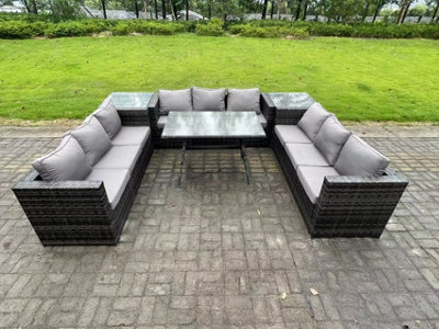 B&Q -  9 Seater Rattan Outdoor Furniture Sofa Garden Dining Set With Patio Dining Table 2 Side Tables Dark Grey