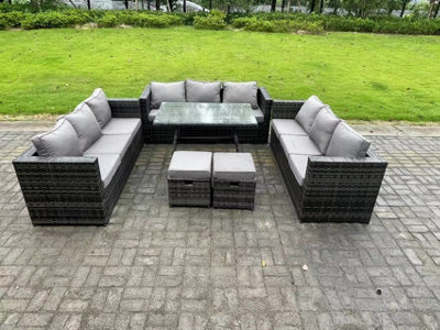 B&Q -  11 Seater Rattan Outdoor Furniture Sofa Garden Dining Set With Patio Dining Table 2 Small Footstools