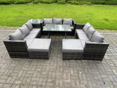 Fimous 11 Seater Rattan Outdoor Furniture Lounge Sofa Garden Dining Set With Dining Table Side Table Footstools