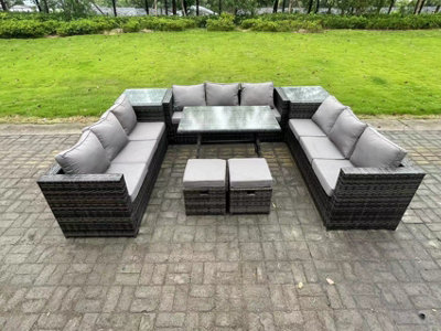 Fimous Wicker Pe Rattan Outdoor Furniture Lounge Sofa Garden Dining Set With Dining Table 2 Side Tables