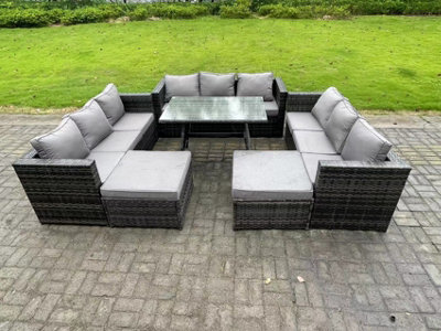 Fimous 11 Seater Wicker Pe Rattan Outdoor Furniture Lounge Sofa Garden Dining Set With Dining Table Footstools