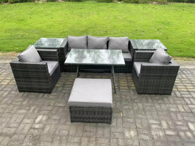 Fimous 6 Seater Rattan Outdoor Furniture Garden Dining Set With Oblong Dining Table 2 Side Tables Big Footstool
