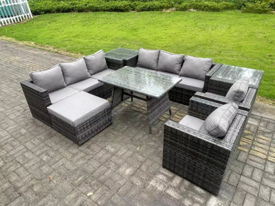 Fimous Wicker Rattan Outdoor Furniture Lounge Sofa Garden Dining Set With Dining Table 2 Side Tables Big Footstool