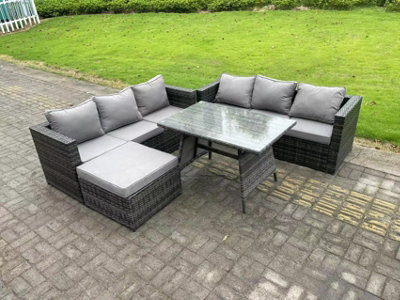 Fimous 7 Seater Rattan Outdoor Furniture Sofa Garden Dining Set With Oblong Dining Table Big Footstool Dark/Grey