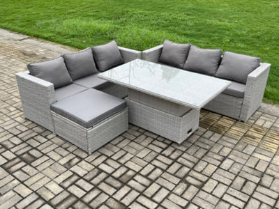 Fimous Outdoor Rattan Garden Funiture Set Height Adjustable Rising Lifting Table Sofa Dining Set With Big Footstool