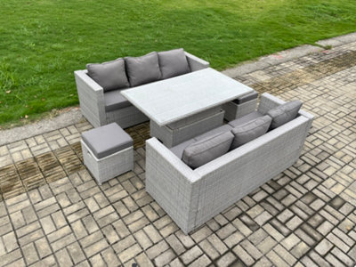 Fimous Rattan Garden Funiture Set Height Adjustable Rising Lifting Table Sofa Dining Set With 2 Small Footstools