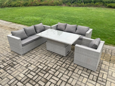 Fimous Outdoor Pe Rattan Garden Funiture Set Height Adjustable Rising Lifting Table Sofa Dining Set With Armchair from B&Q