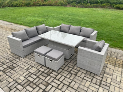 Fimous 9 Seater Outdoor Pe Rattan Garden Funiture Set Adjustable Rising Lifting Table Sofa Dining Set With Armchair 2