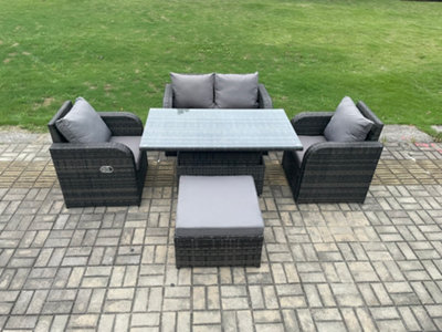 B&Q -  Pe Rattan Outdoor Garden Furniture Set Height Adjustable Rising Lifting Dining Table With Love Sofa Chair