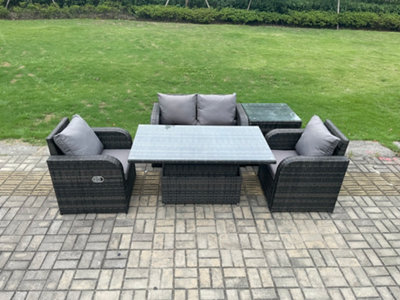 B&Q -  Outdoor Rattan Garden Furniture Set Height Adjustable Rising Lifting Dining Table Love Sofa With Side Table Chair
