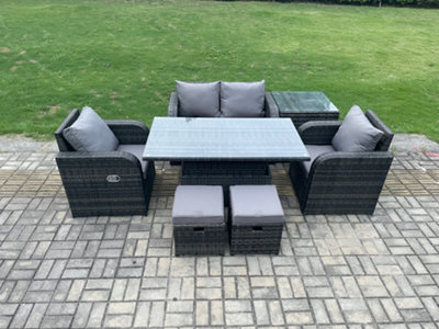 Fimous Outdoor Rattan Garden Furniture Set Height Adjustable Rising Lifting Dining Table Love Sofa Chair With Side Table from B&Q