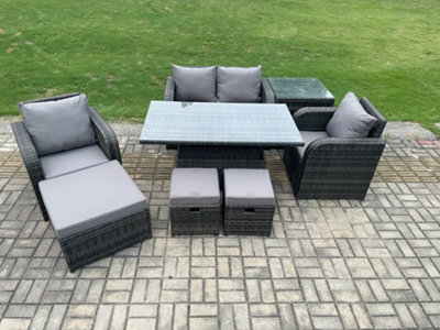 Fimous Rattan Furniture Garden Dining Set Outdoor Height Adjustable Rising Lifting Table Love Sofa Chair With 3 Stools