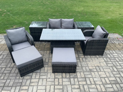 Fimous Rattan Furniture Outdoor Garden Dining Sets Patio Height Adjustable Rising Lifting Table Love Sofa With Stools