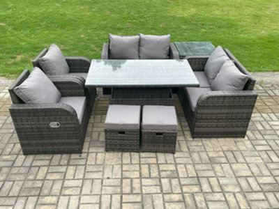B&Q -  Outdoor Rattan Garden Furniture Set Patio Height Adjustable Rising Lifting Dining Table Love Sofa With Side Table