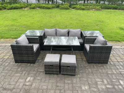 Fimous Rattan Outdoor Furniture Sofa Garden Dining Set With Dining Table 2 Armchairs 2 Side Tables Small Stools