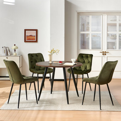 B&Q -  Dark Walnut 4-Seater Round Dining Table 100 Cm With 4 Velvet Chairs