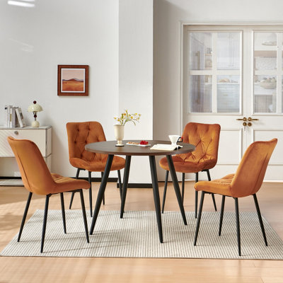 Sonara Dark Walnut 4-Seater Round Dining Table 100 Cm With 4 Velvet Chairs from B&Q