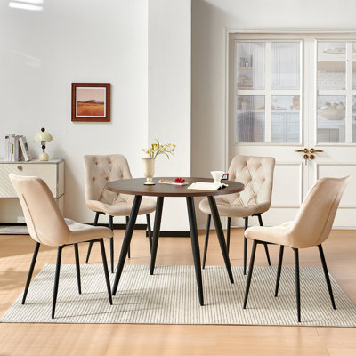 Sonara Dark Walnut 4-Seater Round Dining Table 100 Cm With 4 Velvet Chairs from B&Q