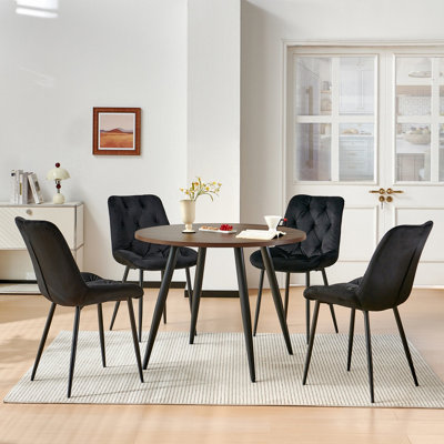 Sonara Dark Walnut 4-Seater Round Dining Table 100 Cm With 4 Velvet Chairs from B&Q