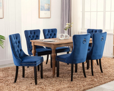 B&Q -  Set Of 6 Lux Blue Velvet Knocker Kitchen Dining Chairs Bedroom Chairs With High Wing Back