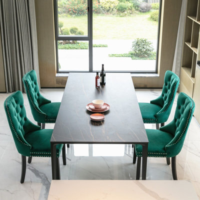 B&Q -  Set Of 4 Lux Green Velvet Kitchen Dining Chairs With Pull Knocker Wing Back Bedroom Office Chairs