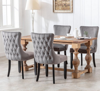 Modern Home Store Set Of 4 Sierra Wing Back Velvet Tufted Dining Chairs With Oak Wood Legs - Grey - Image 3