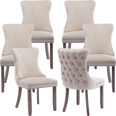 B&Q -  Set Of 6 Lux Velvet Tufted Dining ChairsWing Back Kitchen Chairs With Oak Wood LegsOffice Bedroom Chairs