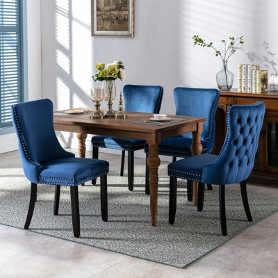 Modern Home Store Set Of 4 Sierra Wing Back Velvet Tufted Dining Chairs With Oak Wood Legs - Blue - Image 3