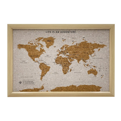 B&Q -  Travel Map World Pin Cork Board With 100 Pins 54 X 36.5Cm