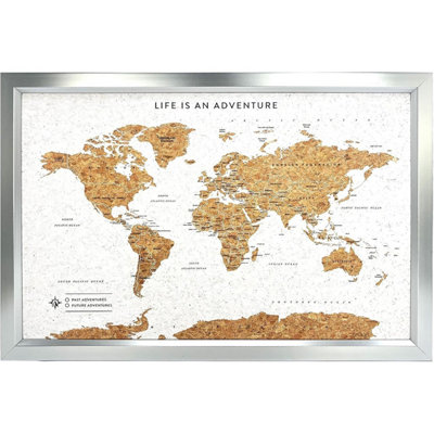 B&Q -  Travel Map World Framed Silver Cork And Wood Pin Board54 X 36 X 2 Cm100 Pins.
