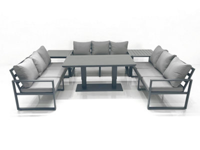 B&Q -  9 Seater Garden Sofa Set Aluminium Furniture Rising Dining Tabe Set With 2 Side Tables Dark Grey
