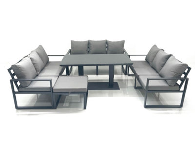 Fimous 10 Seater Garden Sofa Set Aluminium Furniture Rising Dining Tabe Set With Big Footstool Dark/Grey
