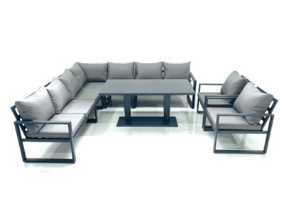B&Q -  9 Seater Outdoor Aluminum Garden Furniture Set Corner Sofa 2 Chairs Adjustable Rising Lifting Dining Table Sets Dark Grey