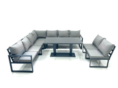Fimous 9 Seater Outdoor Aluminum Garden Furniture Set Corner Sofa Rising Lifting Dining Table Sets Dark/Grey