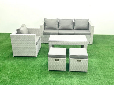 B&Q -  Rattan Garden Furniture Set 5 Pieces Outdoor Garden Sofa Oblong Coffee Table Set Chair 2 Small Stools Light Grey