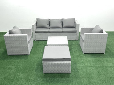 B&Q -  6 Seater Rattan Garden Furniture Set 3 Seater Sofa 2 Chair Square Coffee Table Big Stool Light Grey