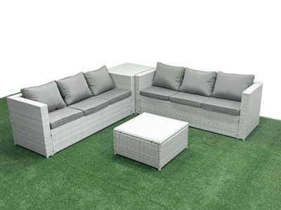 B&Q -  Rattan Garden Outdoor Furniture Set 6 Seater Rattan Garden Sofa Set Side Table Light Grey