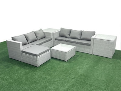 B&Q -  Rattan Garden Outdoor Furniture Set 7 Seater Rattan Garden Sofa Set Big Stool 2 Side Tables Light Grey