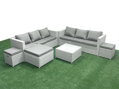 Fimous Rattan Garden Outdoor Furniture Set 9 Seater Rattan Garden Sofa Set 3 Stools Light/Grey