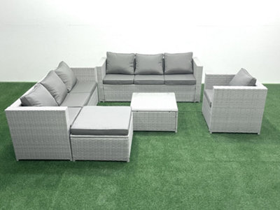 Fimous Wicker Pe Rattan Sofa Garden Furniture Set Armchair Square Coffee Table Big Stool Light/Grey